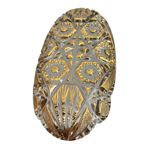 Vintage Clear & Gold Pressed Glass Oval Dish With Intricate Starburst & Geometri - Picture 9 of 10